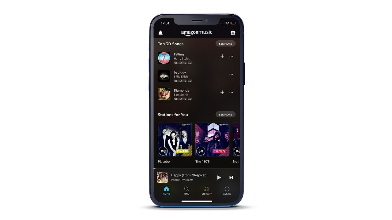 A phone on a white background running the Amazon Music Unlimited app