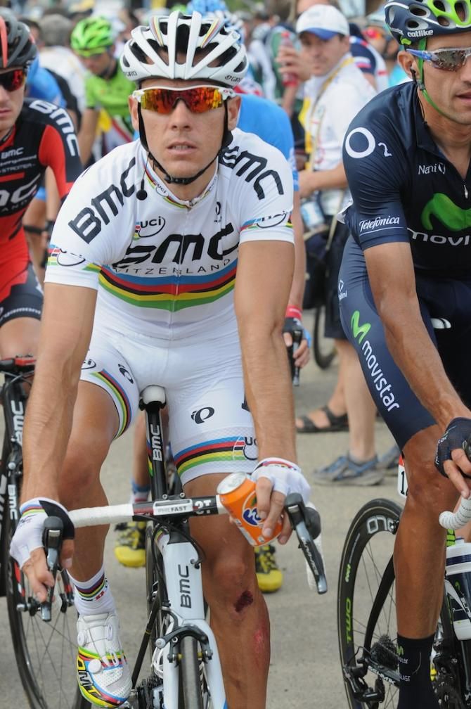 World Champion Phillipe Gilbert also came down, crossing the line with a cut knee and bent brake lever