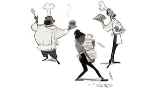 three characters who work in a kitchen holding plates/food