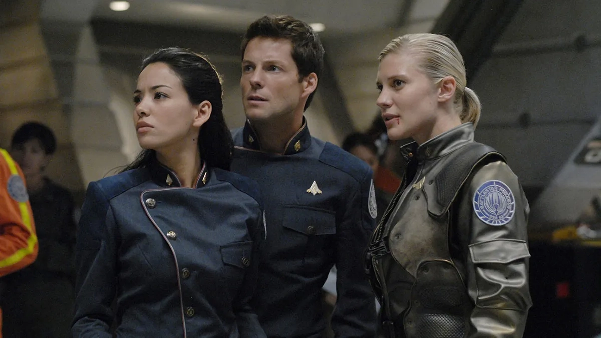 Some of the cast of the sci-fi series Battlestar Galactica