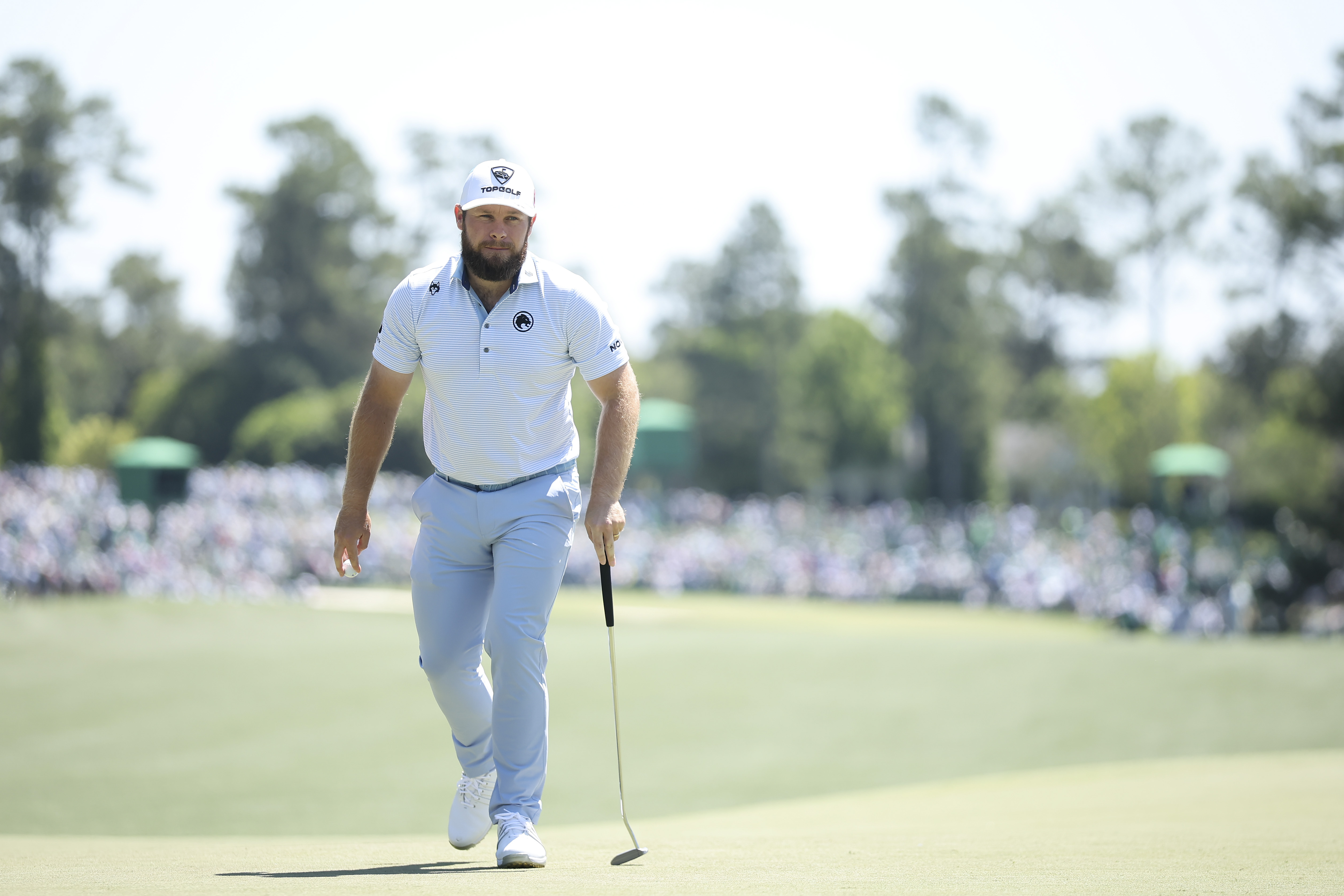 Tyrrell Hatton walks on the first green during the first round of the 2026 Masters Tournament at Augusta National Golf Club