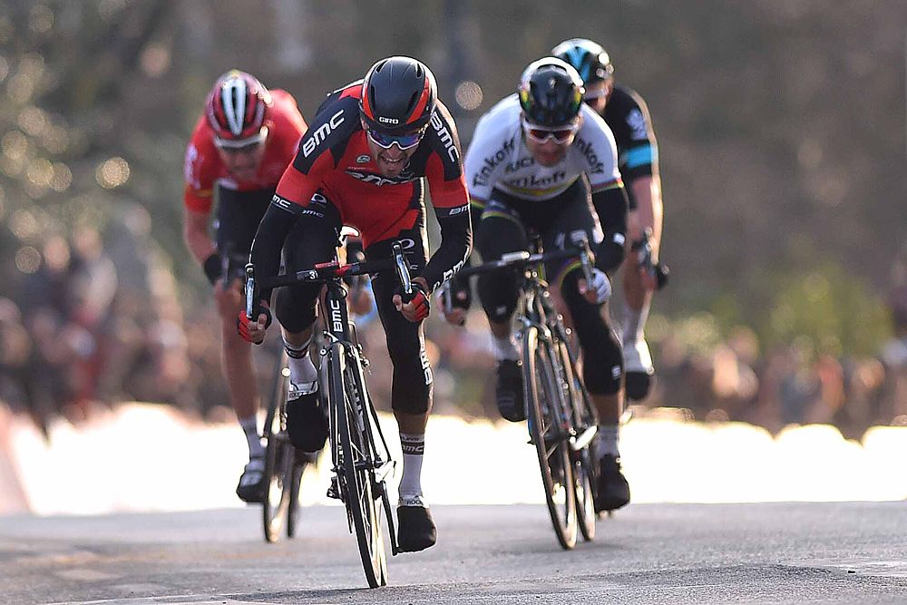 Greg Van Avermaet (BMC) wins the breakaway sprint ahead of Peter Sagan (Tinkoff) at Omloop Het Nieuwsblad