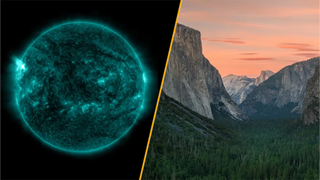Split image of the sun spitting out a solar flare and Yosemite National Park