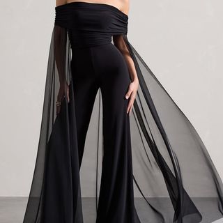 Zita Black Bardot Jumpsuit With Chiffon Cape