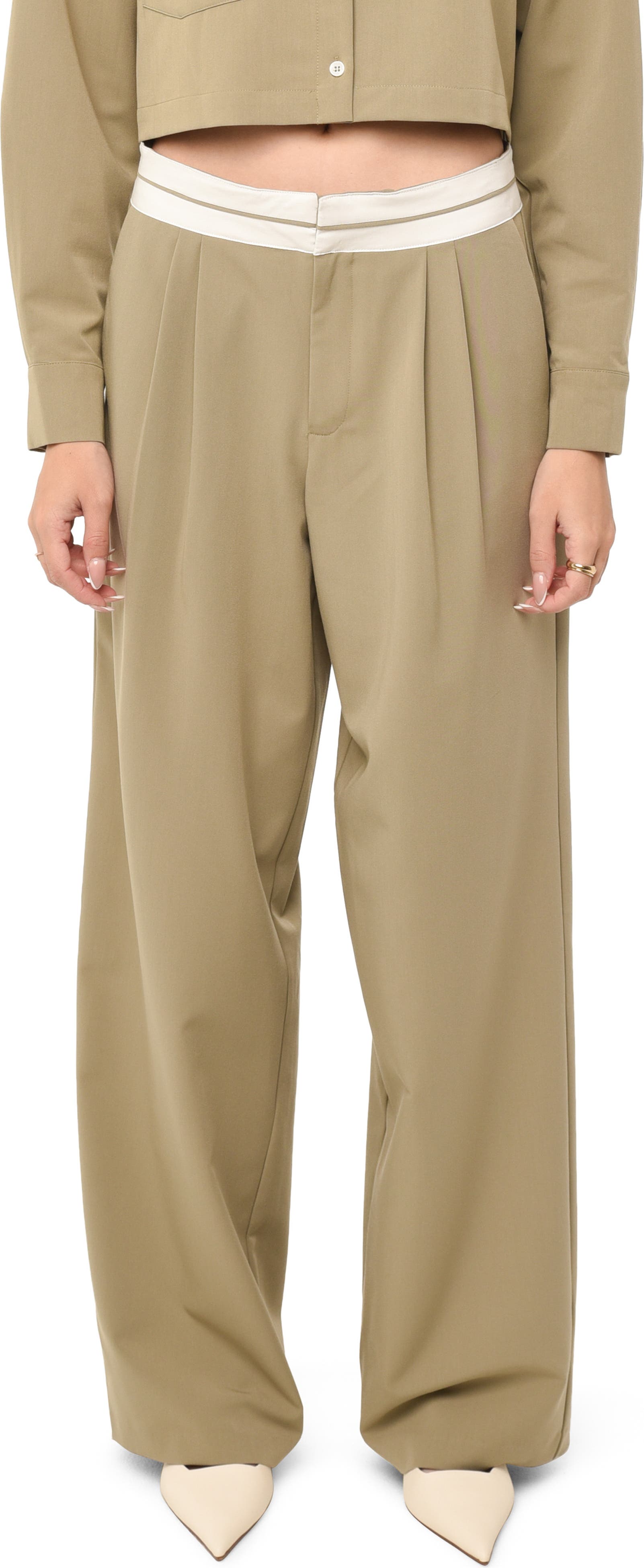 Contrast Waist Wide Leg Pants
