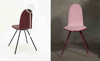 Two images: Left- Reframed tongue chair- Dark pink resembles a tongue, Right: Reframed tongue chair, light pink, resembles a tongue