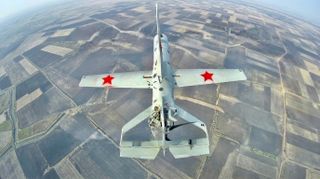 A Russian gasoline-powered drone featuring red stars on its wings