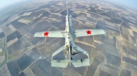 A Russian gasoline-powered drone featuring red stars on its wings