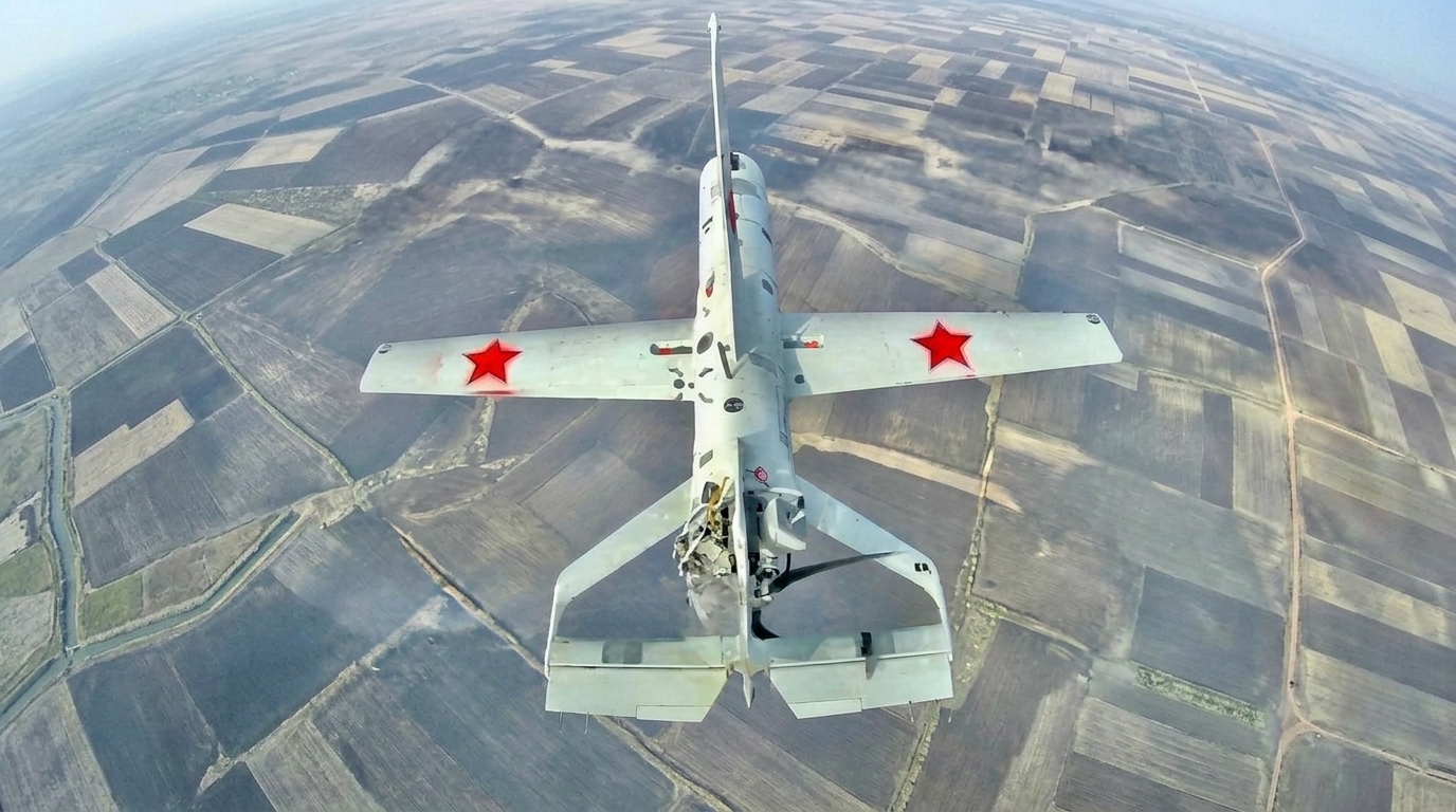 A Russian gasoline-powered drone featuring red stars on its wings