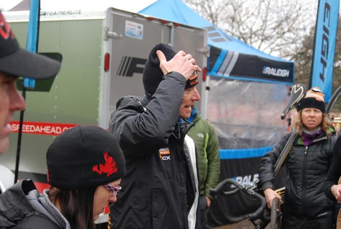 Pete Webber of Boulder Junior Cycling tells his racers that the race has been rescheduled