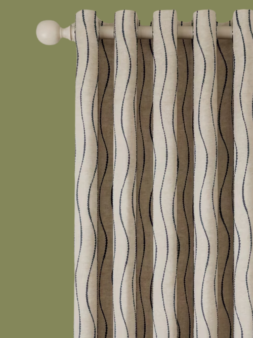 Picot Stripe Embroidery Pair Lined Eyelet Curtains