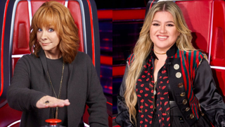 Reba McEntire and Kelly Clarkson on The Voice.