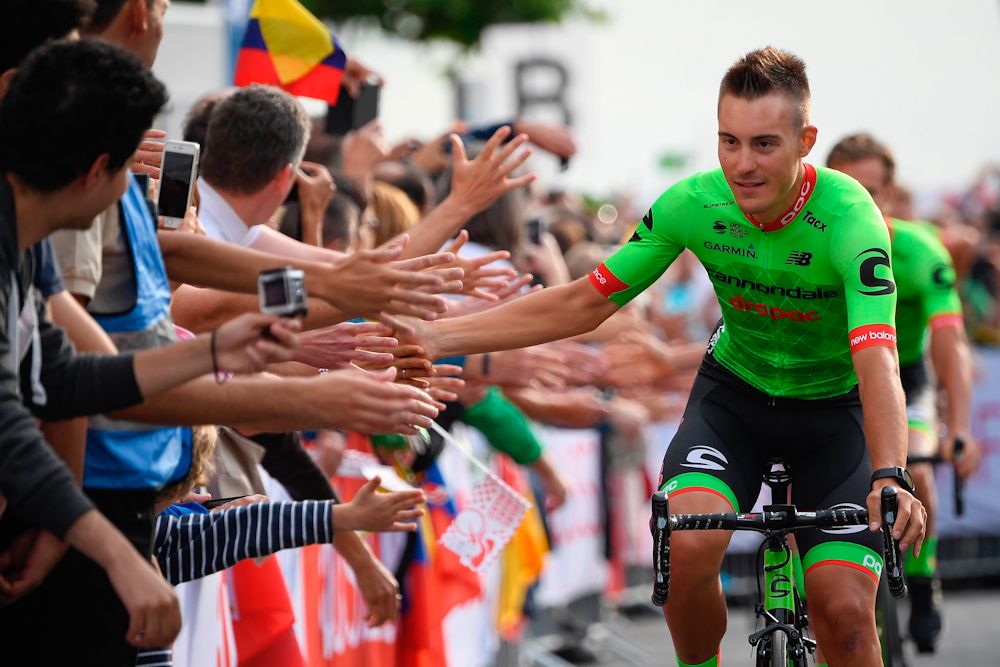 Italy's Alberto Bettiol parades during the team presentation ceremony in Dusseldorf, Germany