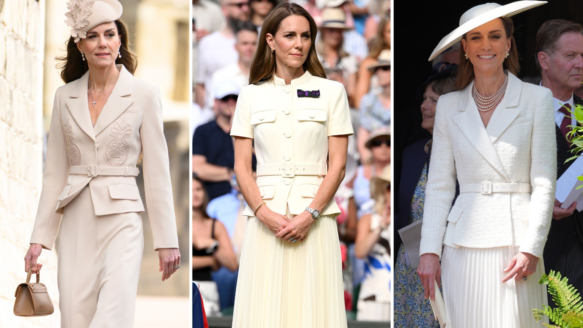A composite of three pictures of the Princess of Wales wearing very similar silhouettes