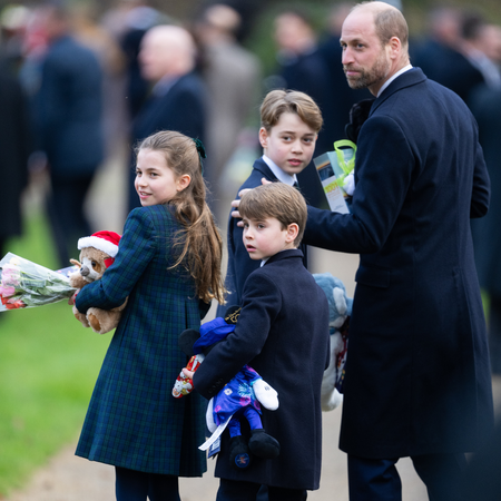 Princess Charlotte of Wales, Prince Louis of Wales, Prince George of Wales and Prince William, Prince of Wales attend the Christmas Morning Service at Sandringham Church on December 25, 2024 in Sandringham, Norfolk.