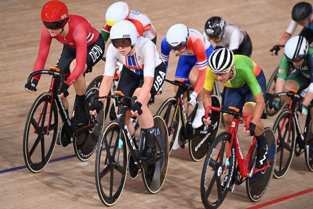 USAs Jennifer Valente C competes in the womens track cycling omnium elimination race during the Tokyo 2020 Olympic Games at Izu Velodrome in Izu Japan on August 8 2021 Photo by Peter PARKS AFP Photo by PETER PARKSAFP via Getty Images