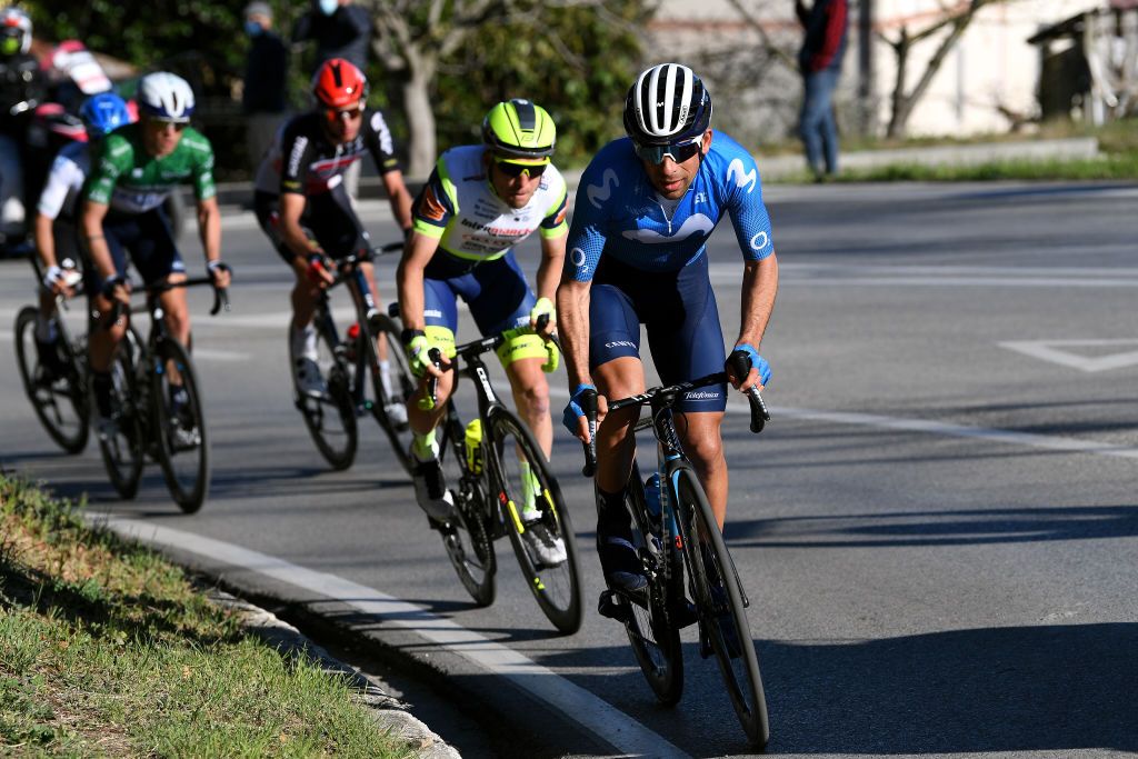 LIDODIFERMO ITALY MARCH 15 Nelson Oliveira of Portugal and Movistar Team Jan Bakelants of Belgium and Team Intermarch Wanty Gobert Matriaux during the 56th TirrenoAdriatico 2021 Stage 6 a 169km stage from Castelraimondo to Lido di Fermo Breakaway TirrenoAdriatico on March 15 2021 in Lido di Fermo Italy Photo by Tim de WaeleGetty Images