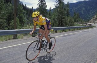Andrea Foster climbs out of the saddle during the stage to Stanley, Idaho during the 1998 Women's Challenge