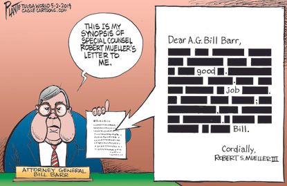 Political Cartoon U.S. Barr Trump redacted synopsis Mueller letter