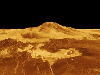 Maat Mons is displayed in this computer generated three-dimensional perspective of the surface of Venus. The viewpoint is located 393 miles (634 kilometers) north of Maat Mons at an elevation of 2 miles (3 km) above the terrain. Lava flows extend for hundreds of kilometers across the fractured plains shown in the foreground, to the base of Maat Mons. 
