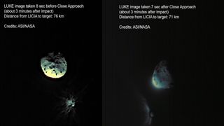 Two images captured by the LICIACube's LUKE camera before and after its closest approach to Dimorphos just minutes after DART's impact.