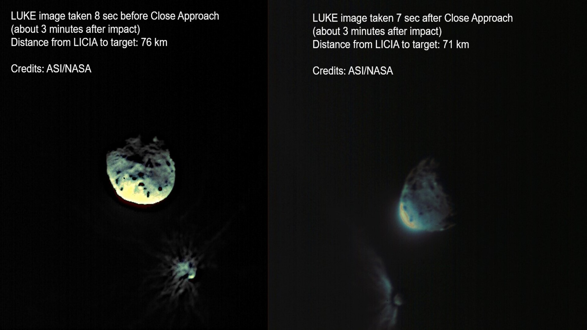 Two images taken by the LICIACube's LUKE camera before and after its closest approach to Dimorphos, just minutes after DART impacted.