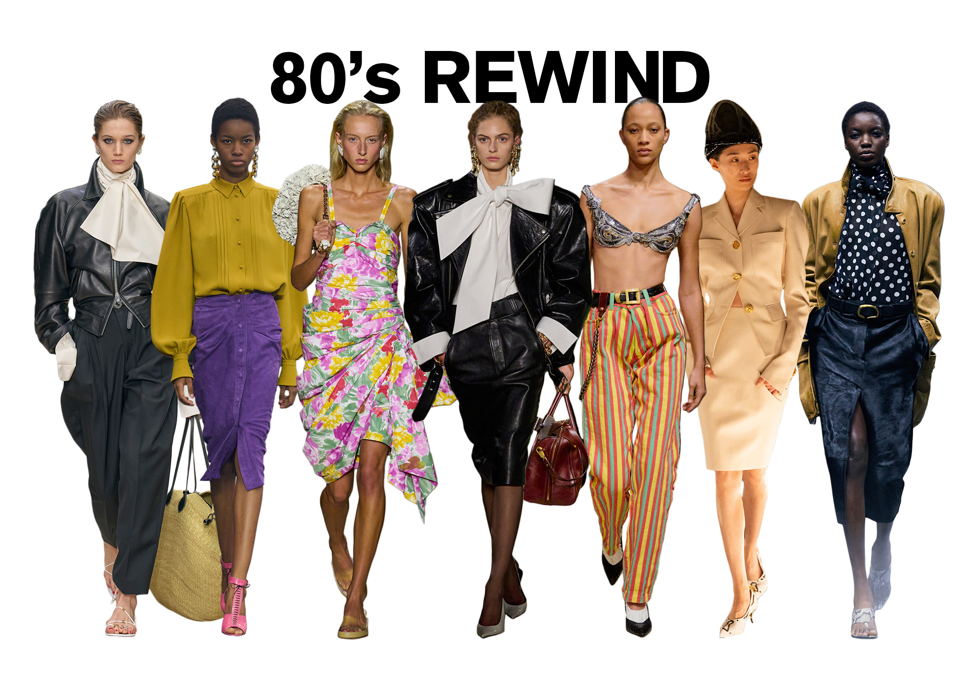 A photo of 7 models from the S/S 26 runway shows wearing '80s-inspired fashion against a white background. On top, the title is, 