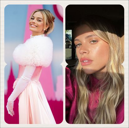 Split image of Margot Robbie posing at London Barbie Premiere with photo of Sofia Richie Grainge in sunlight