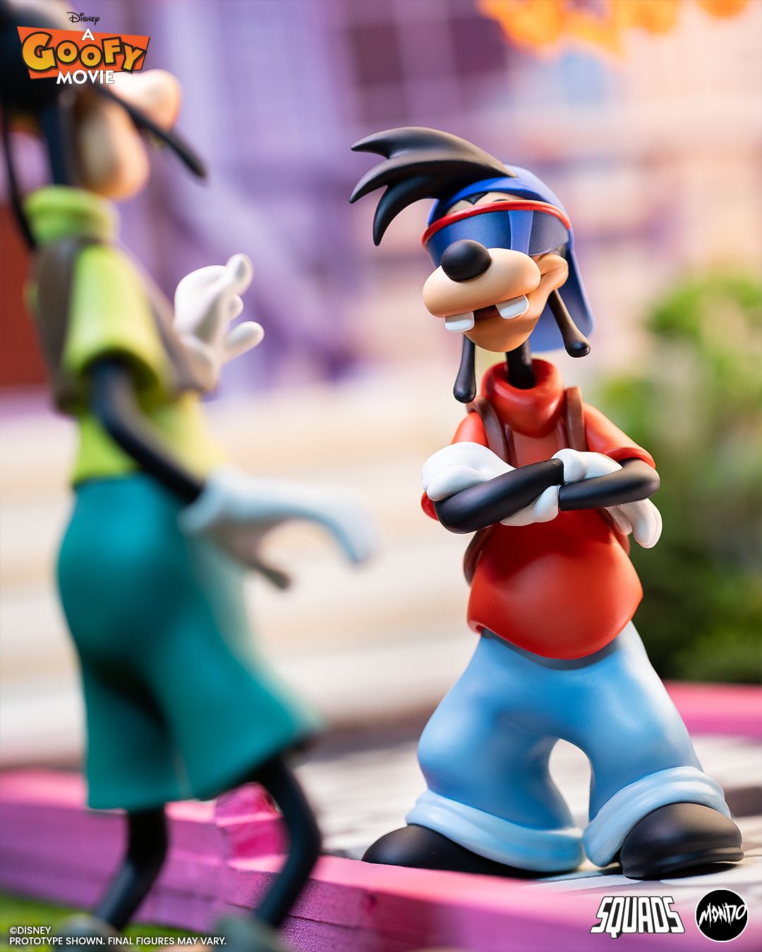 A Goofy Movie figures posing against themed backgrounds