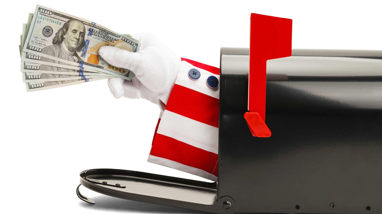 picture of Uncle Sam&amp;#039;s arm sticking out of a mailbox and holding cash