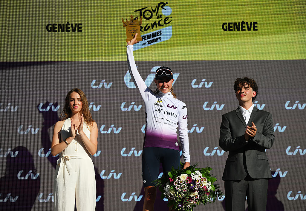 GENEVA, SWITZERLAND - AUGUST 02: Paula Blasi Cairol of Spain and UAE Team ADQ celebrates at podium as White best young jersey winner during the 5th Tour de France Femmes 2026, Stage 2 a 147.9km stage from Aigle to Geneva / #UCIWWT / on August 02, 2026 in Geneva, Switzerland. (Photo by Alex Broadway/Getty Images)