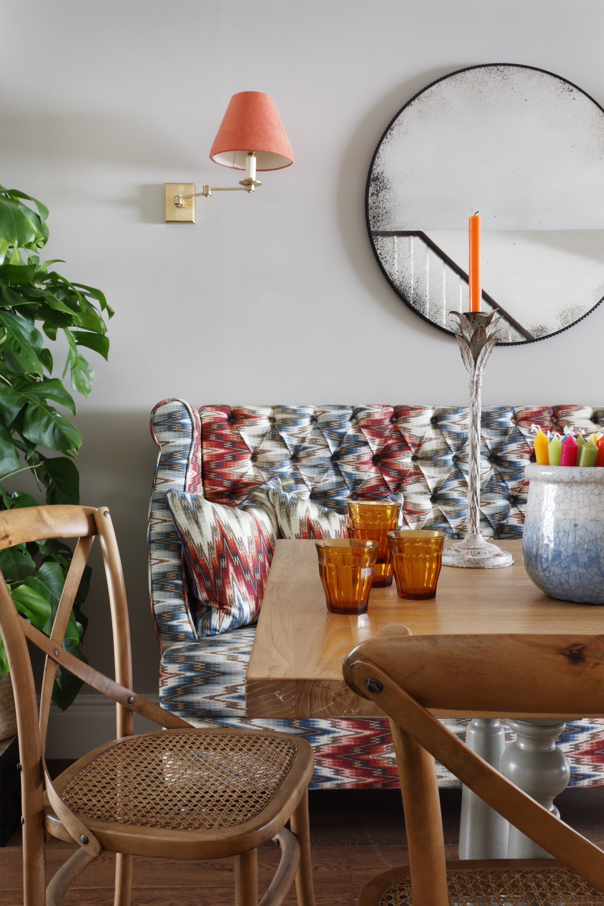 colourful printed seat banquette dining room for apartment ideas by Studio Duggan