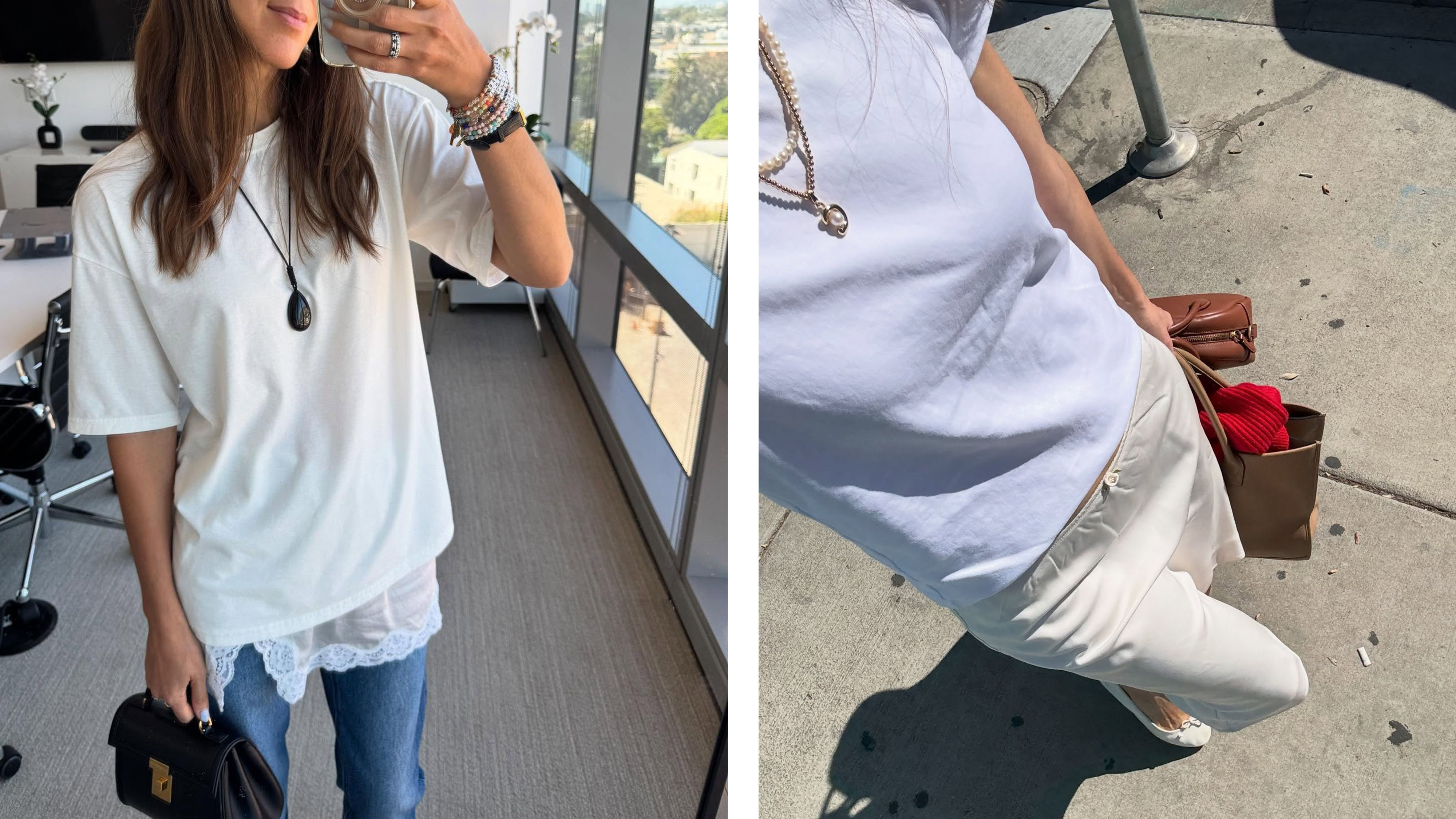 Woman in a white t-shirt and jeans; woman in a white t-shirt and white skirt