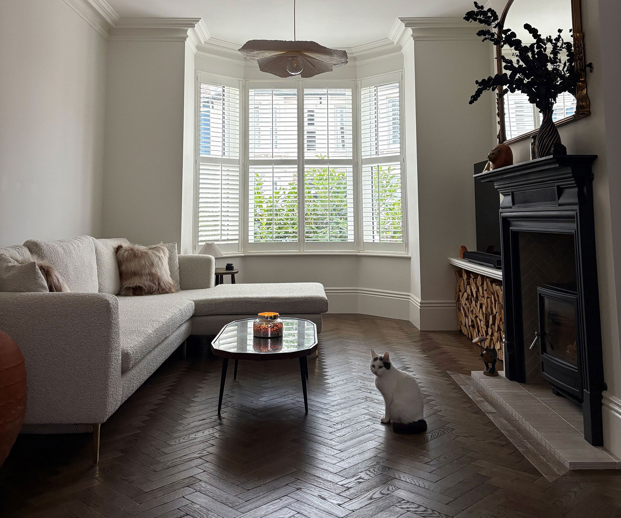 herringbone wooden flooring with cat sitting on it