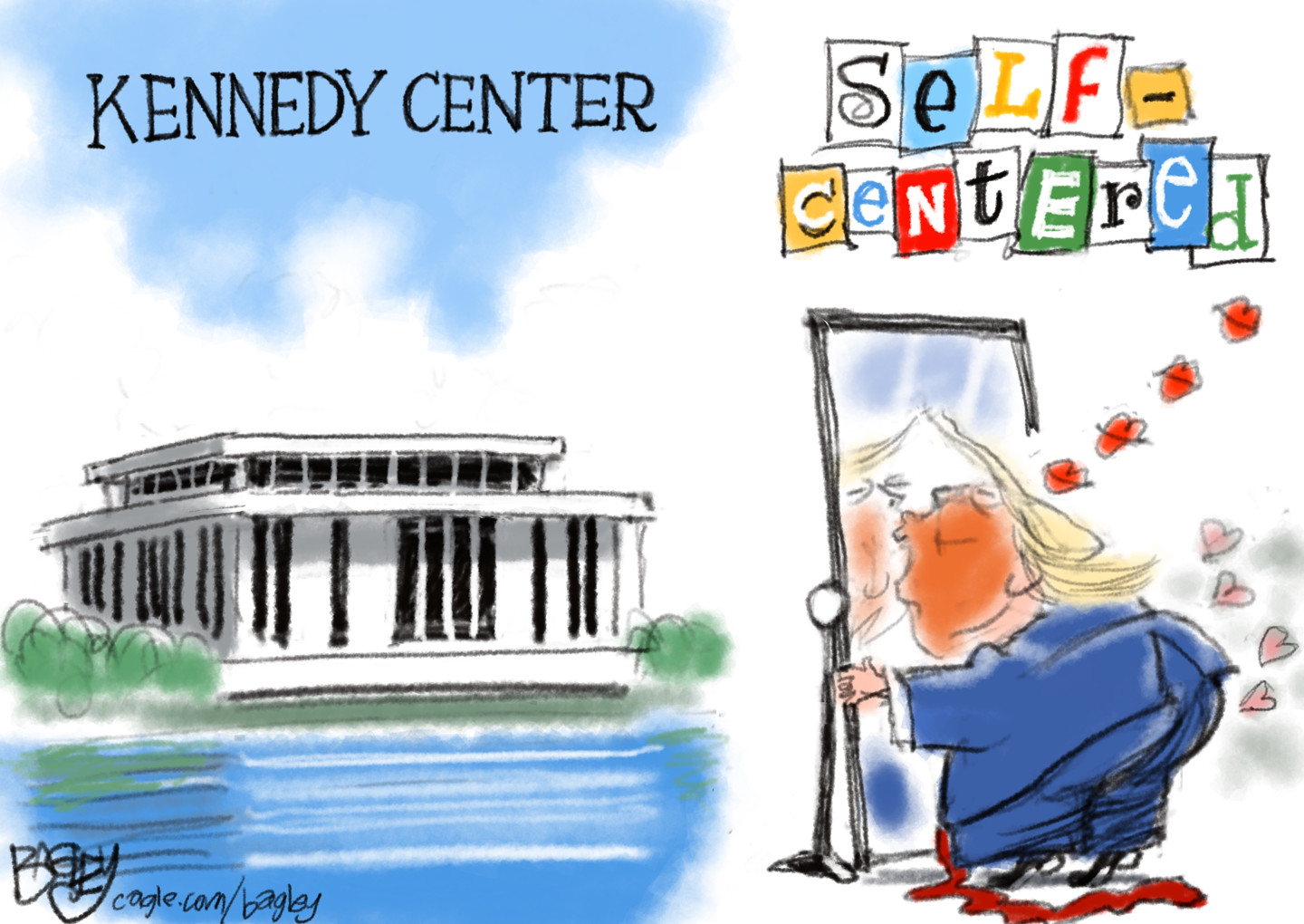 This two-panel cartoon depicts the Kennedy Center on the left. On the right, Donald Trump kisses his image in a mirror under the label &amp;ldquo;self-centered&amp;rdquo;.