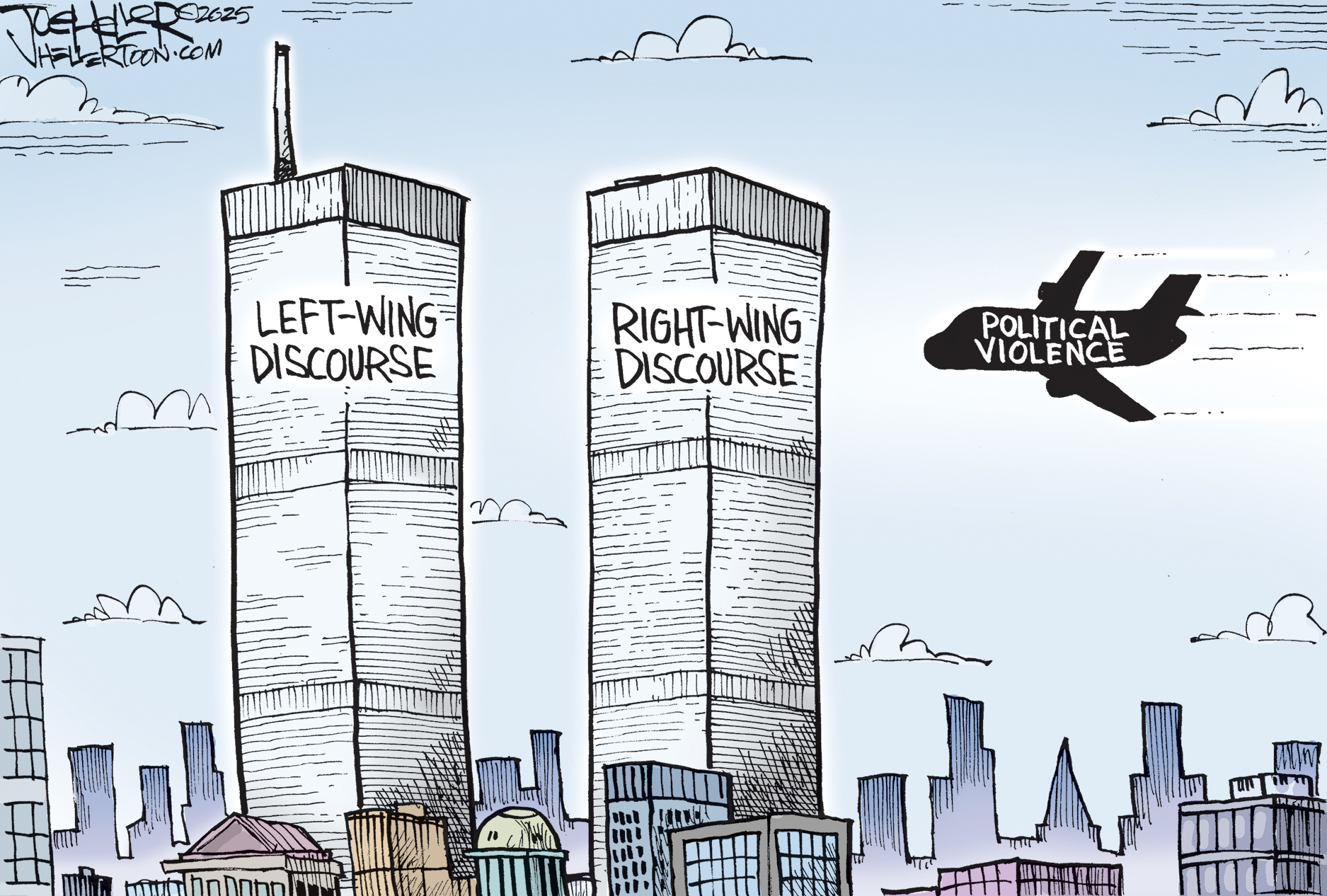 This cartoon shows two buildings that resembled the twin towers that were destroyed in the Sept. 11 terrorist attacks. They are labeled &amp;ldquo;Left-wing discourse&amp;rdquo; and &amp;ldquo;Right-wing discourse.&amp;rdquo; A plane labeled &amp;ldquo;Political Violence&amp;rdquo; is about to fly into the buildings.