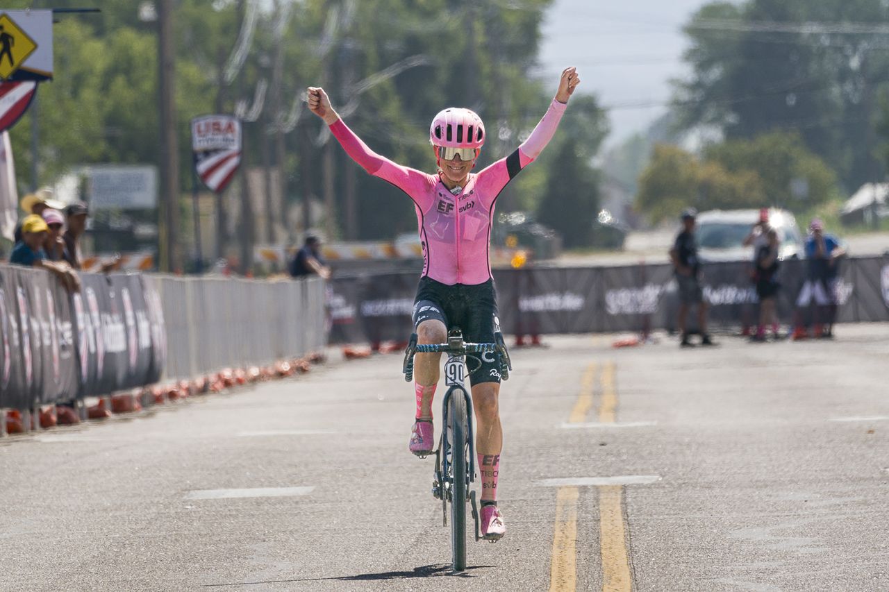 Lauren Stephens (EF Education-Tibco-SVB) claims the women's elite victory in the first USA Cycling Gravel Championships