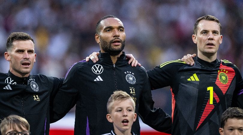 Germany players sing the national anthem ahead of their Euro 2024 warm-up game against Ukraine in June 2024.