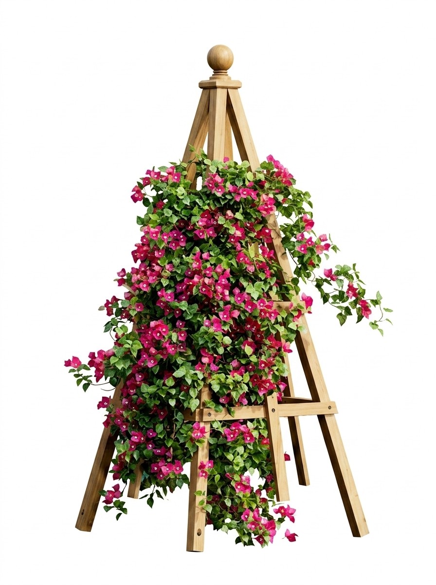 Wayfair Vita Cedar Obelisk Trellis with mandevilla vines growing on it