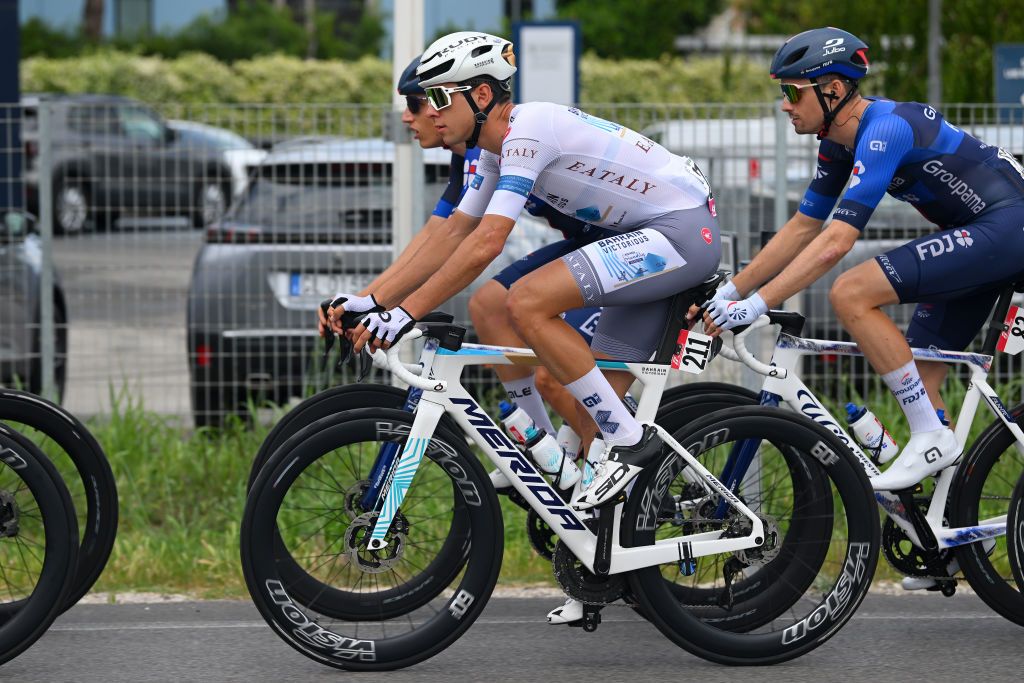 CENTO ITALY MAY 17 LR Antonio Tiberi of Italy and Team Bahrain Victorious White best young jersey and Cyril Barthe of France and Team Groupama FDJ compete during the 107th Giro dItalia 2024 Stage 13 a 179km stage from Riccione to Cento UCIWT on May 17 2024 in Cento Italy Photo by Dario BelingheriGetty Images