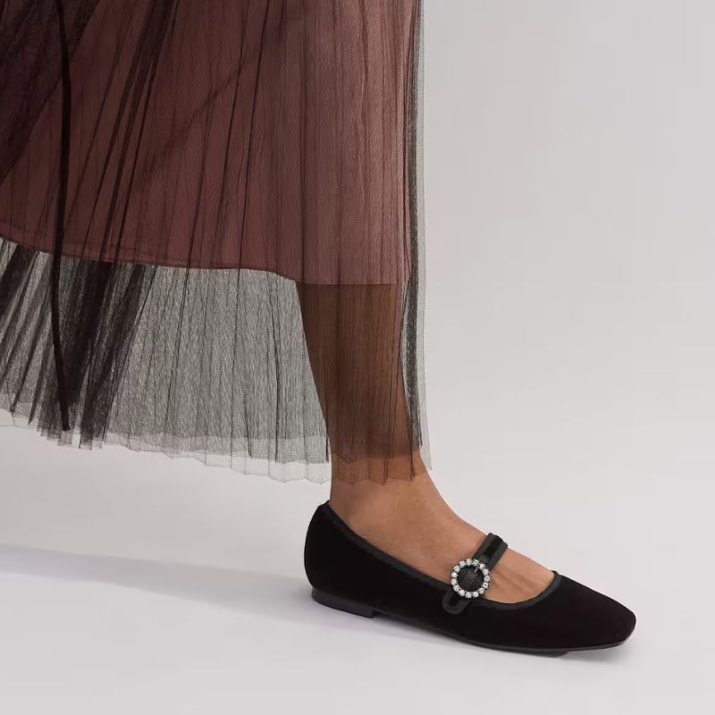 Velvet Square Toe Ballerina Flat on model 