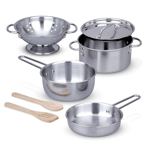 Melissa &amp;amp; Doug Stainless Steel Pots &amp;amp; Pans, 8 Piece Play Kitchen Set, Premium Play Kitchen Accessories &amp;amp; Cooking Utensils, Preschool Toys for Kids 3+