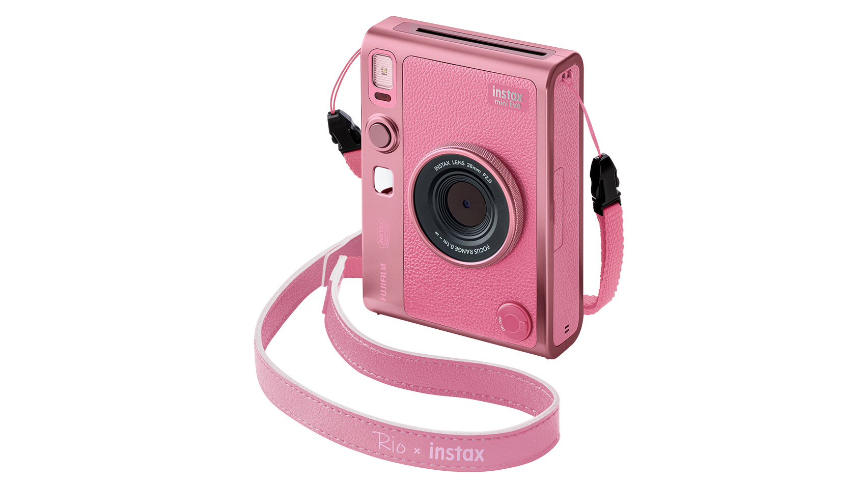 Instax mini Evo&amp;trade; PINK (RIO) in front of a white background