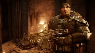 Gears of War: Reloaded screenshot of a fire-covered area, composite with protagonist character in foreground