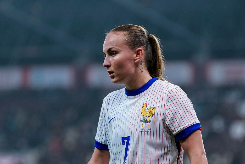 Julie Dufour of France walks in the field during the Women's International Friendly match between Switzerland and France at Stade de Geneve on October 29, 2024 in Geneva, Switzerland.