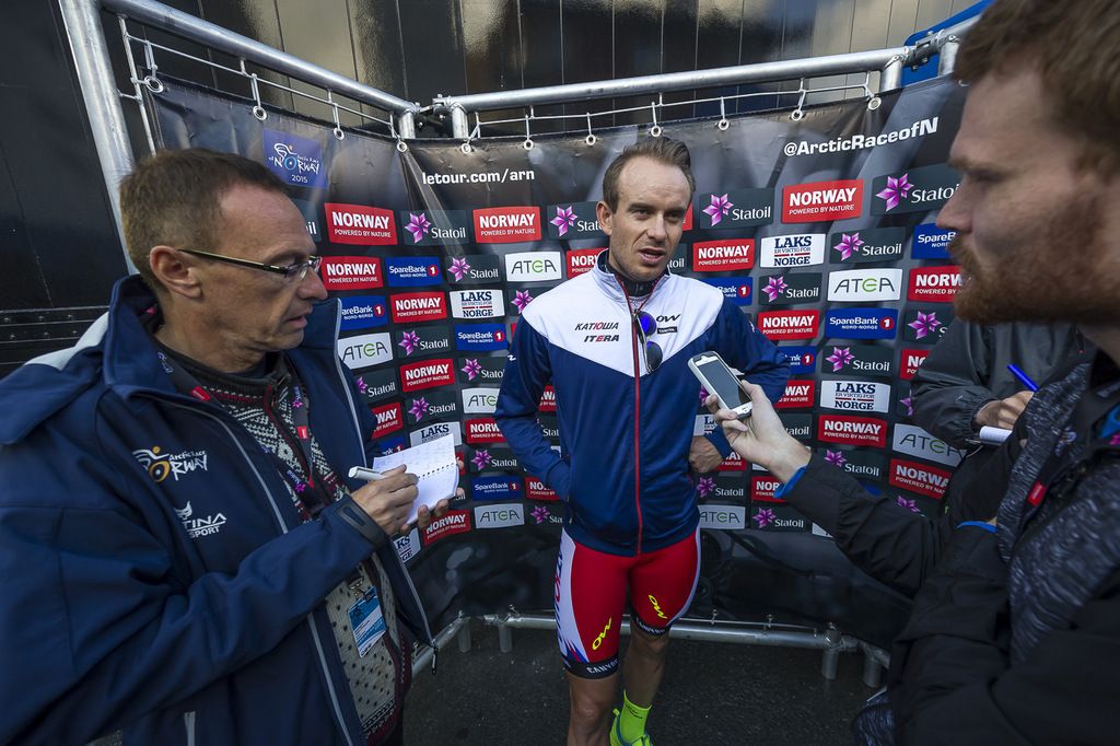 Alexander Kristoff (Katusha) speaking at the pre-race team presentation