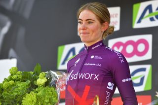 LIEGE BELGIUM APRIL 25 Demi Vollering of Netherlands and Team SD Worx celebrates at podium during the 5th Liege Bastogne Liege 2021 Womens Elite a 1409km race from Bastogne to Lige LBLwomen LBL UCIWWT on April 25 2021 in Liege Belgium Photo by Luc ClaessenGetty Images