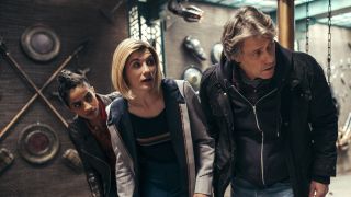 13th Doctor, Yasmin and Dan looking around corner on Doctor Who Season 13