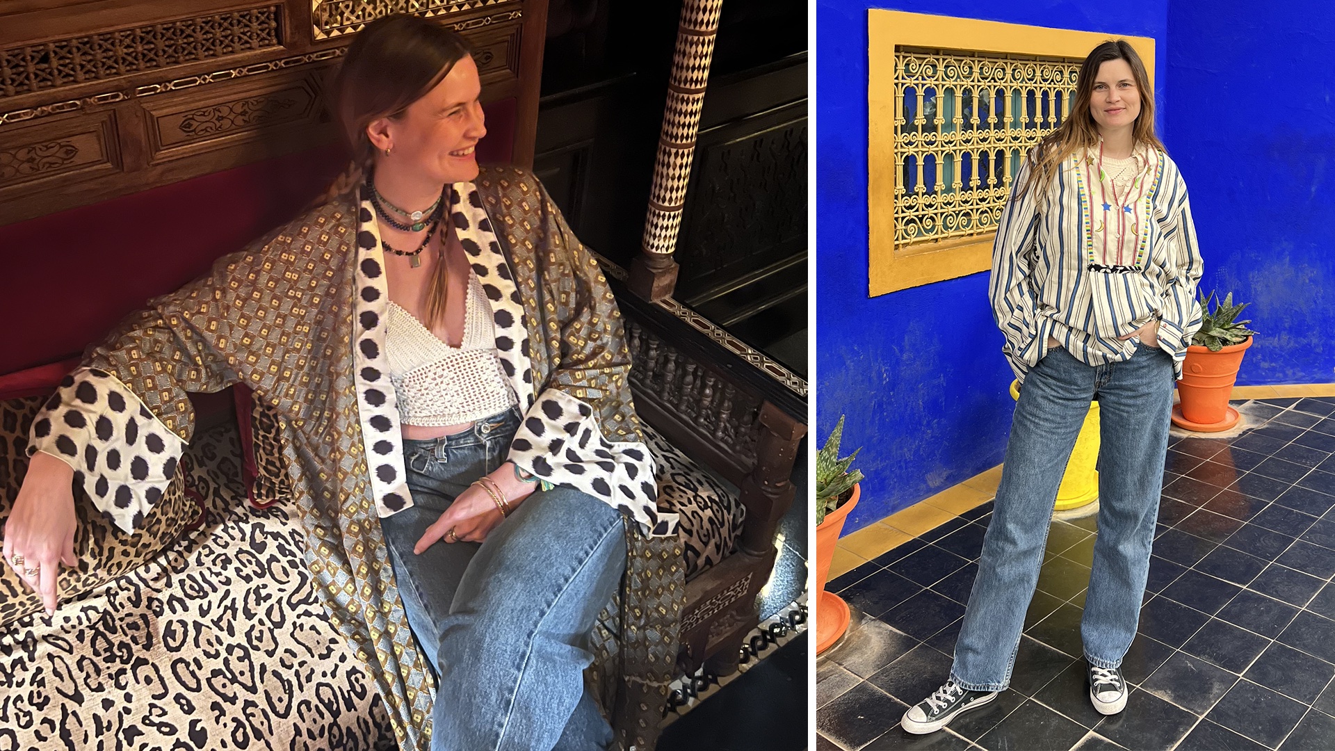 Fashion collage of two bohemian-chic looks from French editor and writer Eugenie Trochu.