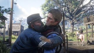 A homeless veteran hugs Arthur Morgan up in Red Dead Redemption 2